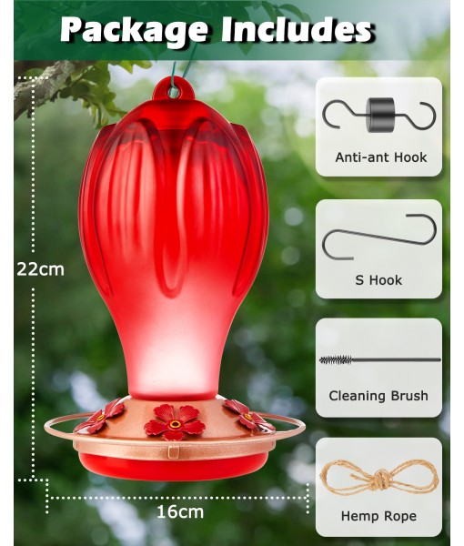 Hummingbird Feeder for Outdoors, 33OZ Glass Hummingbird Feeder with 5 Feeding Port and Perch, Hand Blown Glass Hummingbird Feeder with Ant Moat Hanging Hook, S Hook, Rope, Brush (Red)